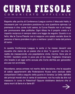 Fiorentina-Maccabi, Curva Fiesole: "Israele massacra i civili"