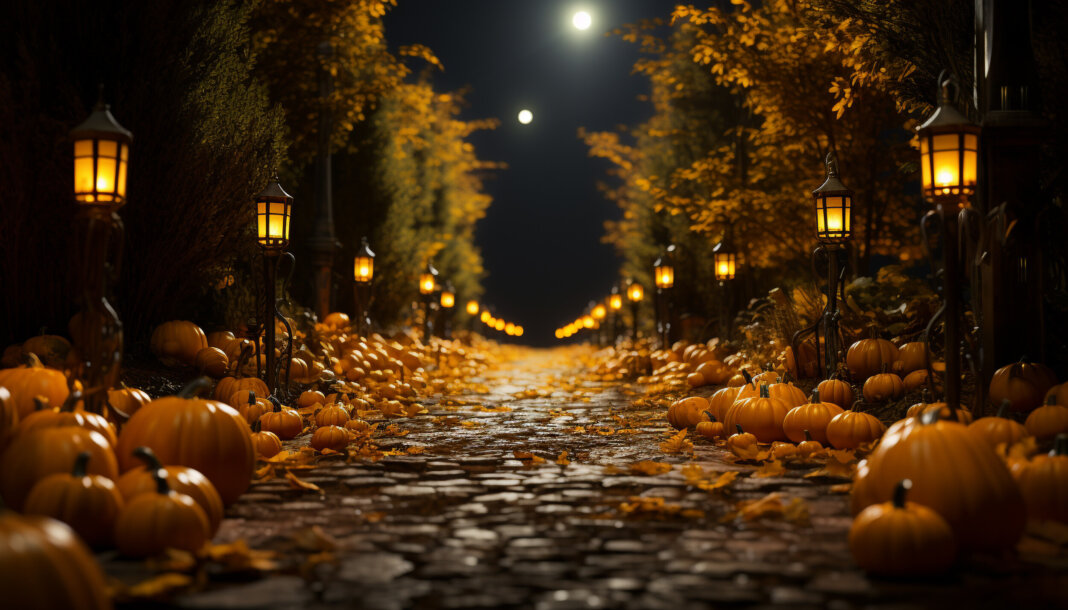 Strada illuminata da lampioni e fiancheggiata su entrambi i lati da zucche e da alberi