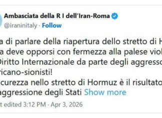Iran, Teheran: “Riapertura Hormuz? Italia chieda stop aggressione Usa-Israele”